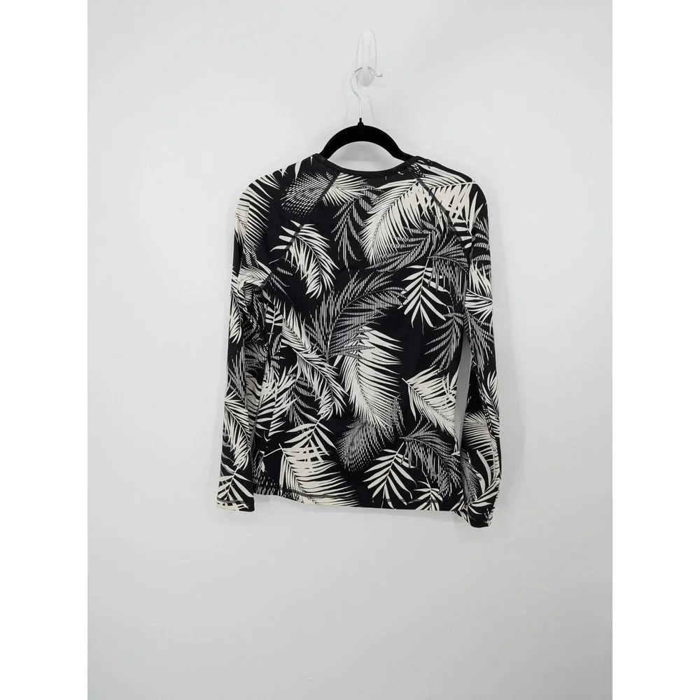 Athleta Rash Guard Women Small Black White Tropical Palm Leaf Long Sleeve Top